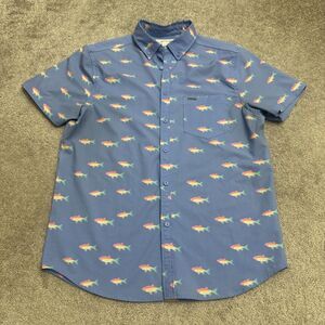 Vintage Summer Fish Print Button Down shirt Mens Medium Blue Short Sleeve Casual